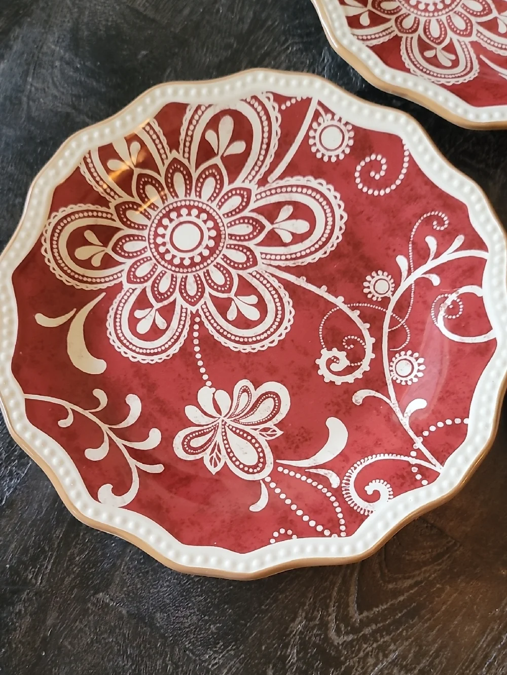 3 Pier 1 Import Maribeth Red / Cranberry and Cream Floral Ironstone Salad Plates